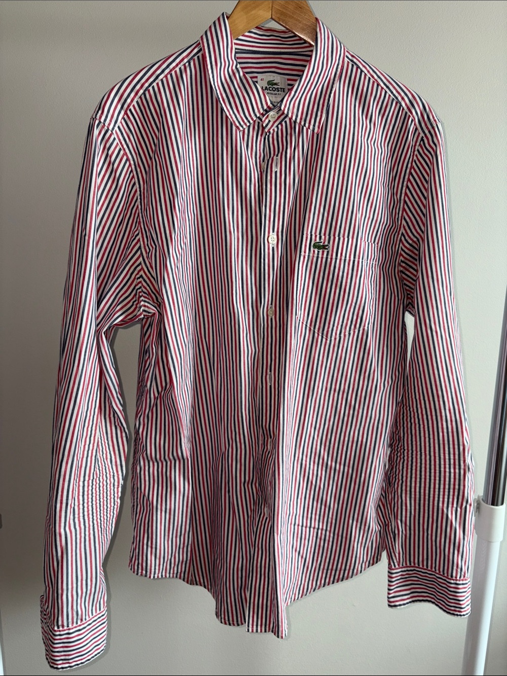 Lacoste Men's Red, White & Blue Striped Button-Up Shirt